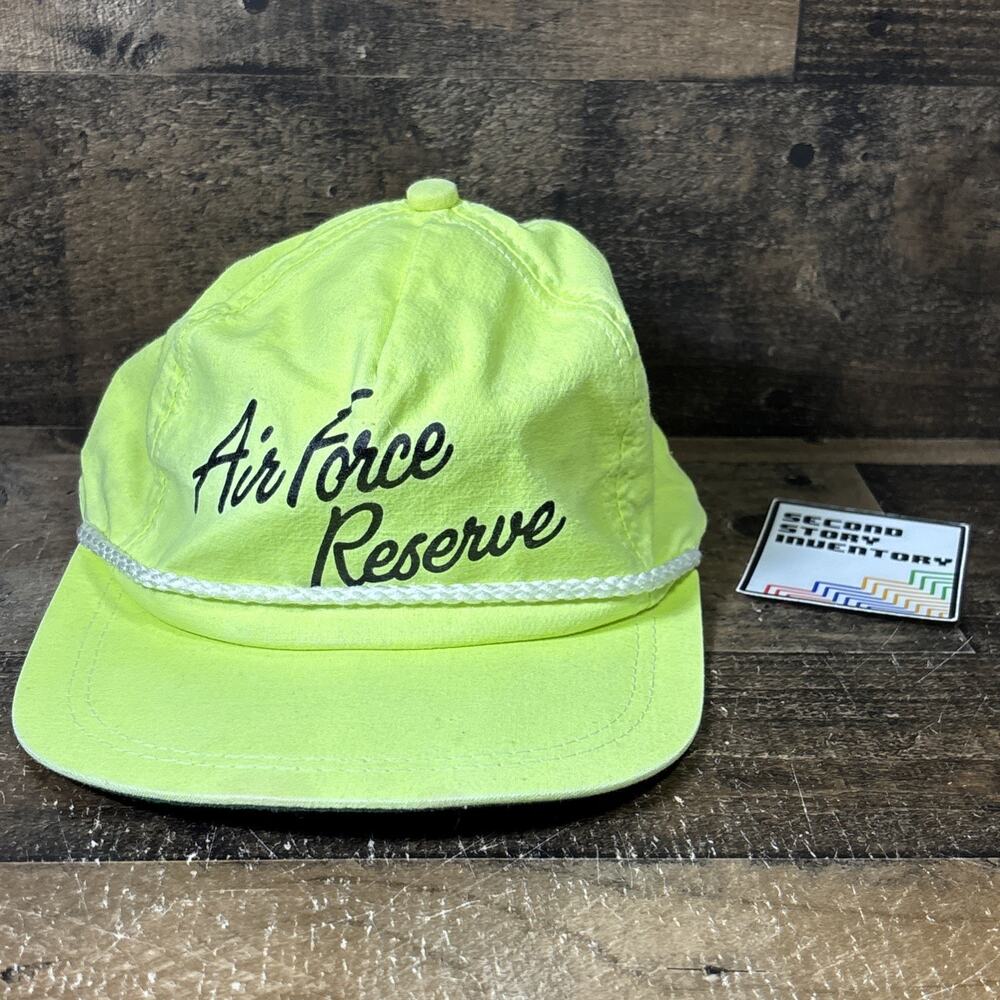 VINTAGE AIR FORCE RESERVE HAT CAP NEON GREEN YELLOW STRAPBACK USA METAL CLASP